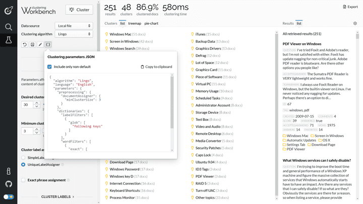 Carrot2 Workbench, parameter JSON export, light theme.