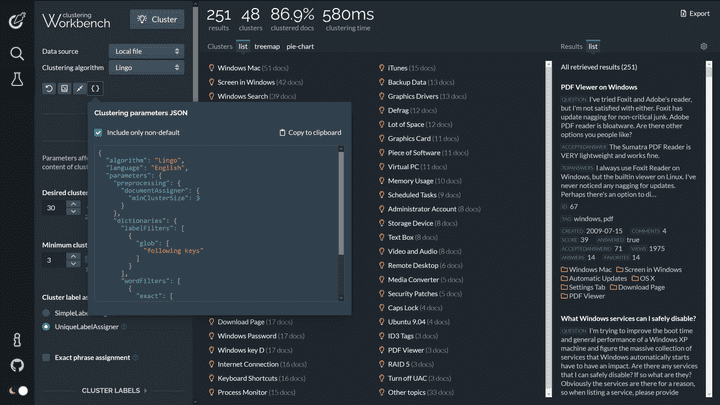 Carrot2 Workbench, parameter JSON export, dark theme.