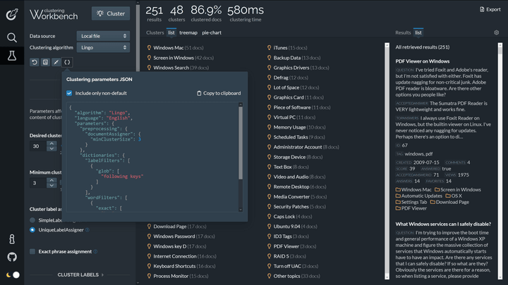 Carrot2 Workbench, parameter JSON export, dark theme.