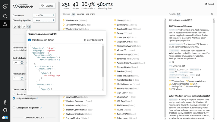 Carrot2 Workbench, parameter JSON export, light theme.