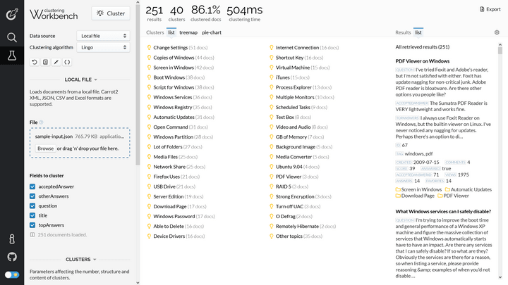 Carrot2 Clustering Workbench, light theme.